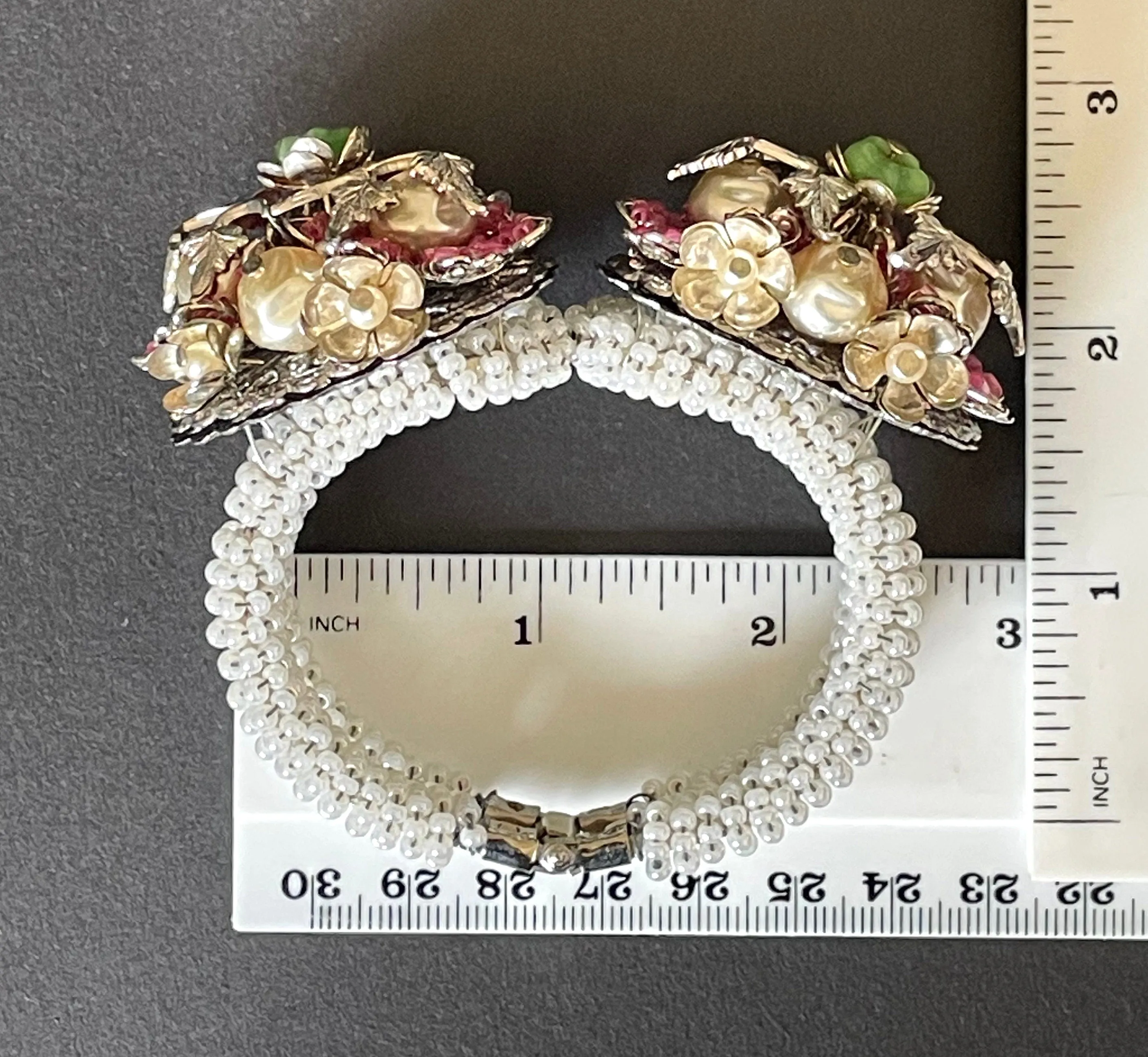 Vintage elaborate glass beaded floral clamper bangle with intricate micro beading and silver tone filigree, pink, green, white & faux pearl