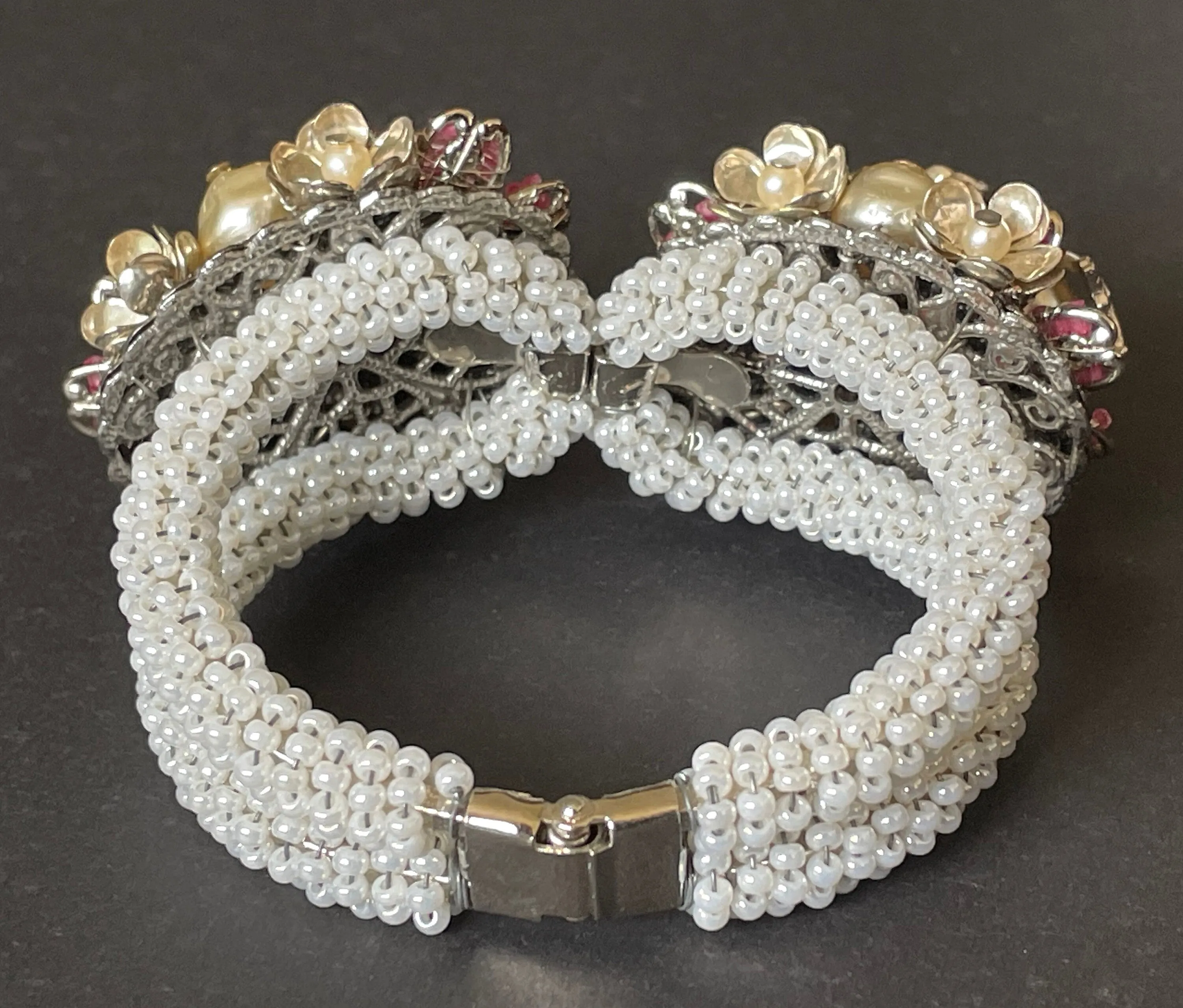 Vintage elaborate glass beaded floral clamper bangle with intricate micro beading and silver tone filigree, pink, green, white & faux pearl
