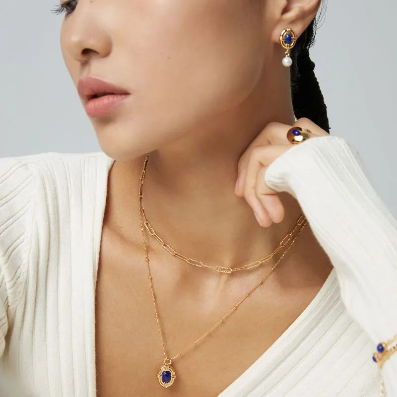 Vintage Lapis Lazuli Stone Necklace-18k Gold Plating