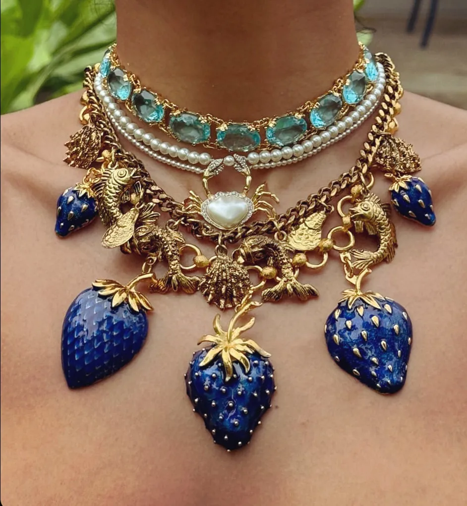 Vintage Ocean life fish gold charm necklace