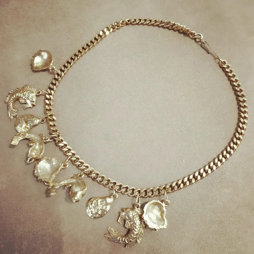 Vintage Ocean life fish gold charm necklace