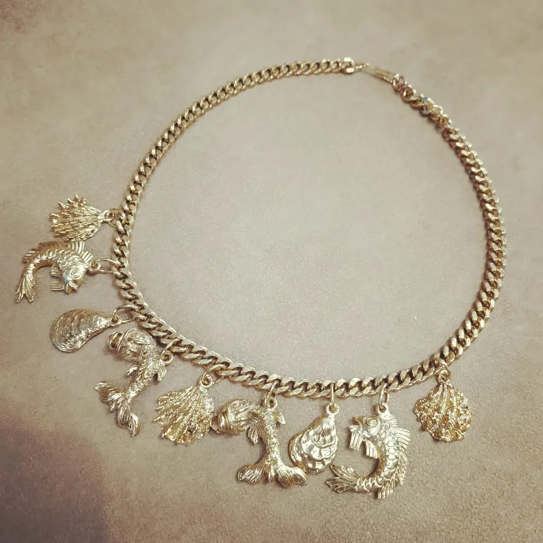 Vintage Ocean life fish gold charm necklace