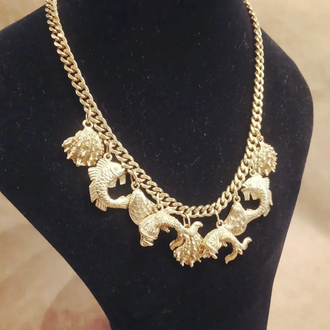Vintage Ocean life fish gold charm necklace