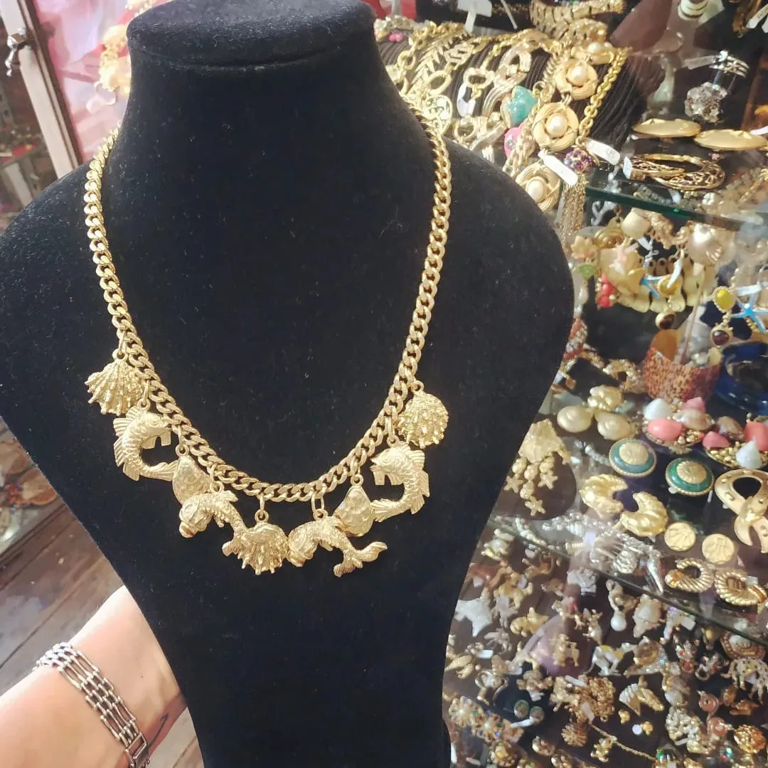 Vintage Ocean life fish gold charm necklace