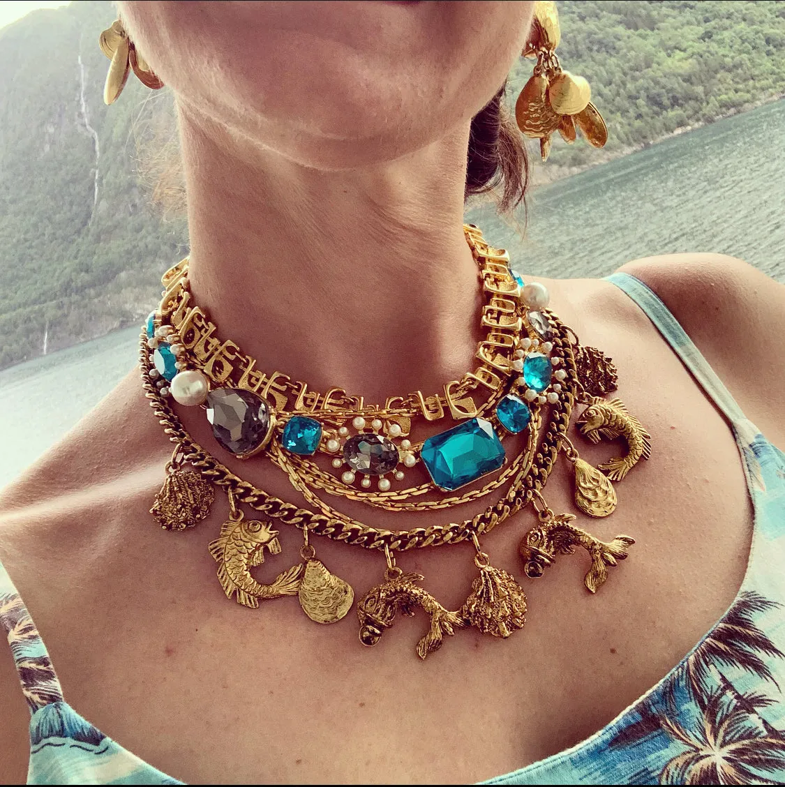 Vintage Ocean life fish gold charm necklace