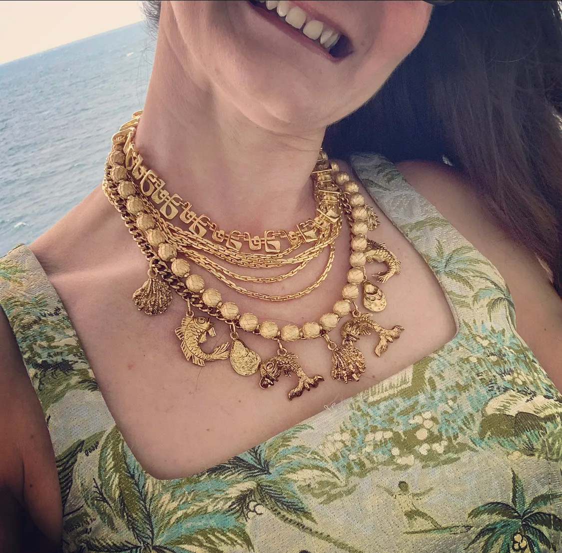 Vintage Ocean life fish gold charm necklace