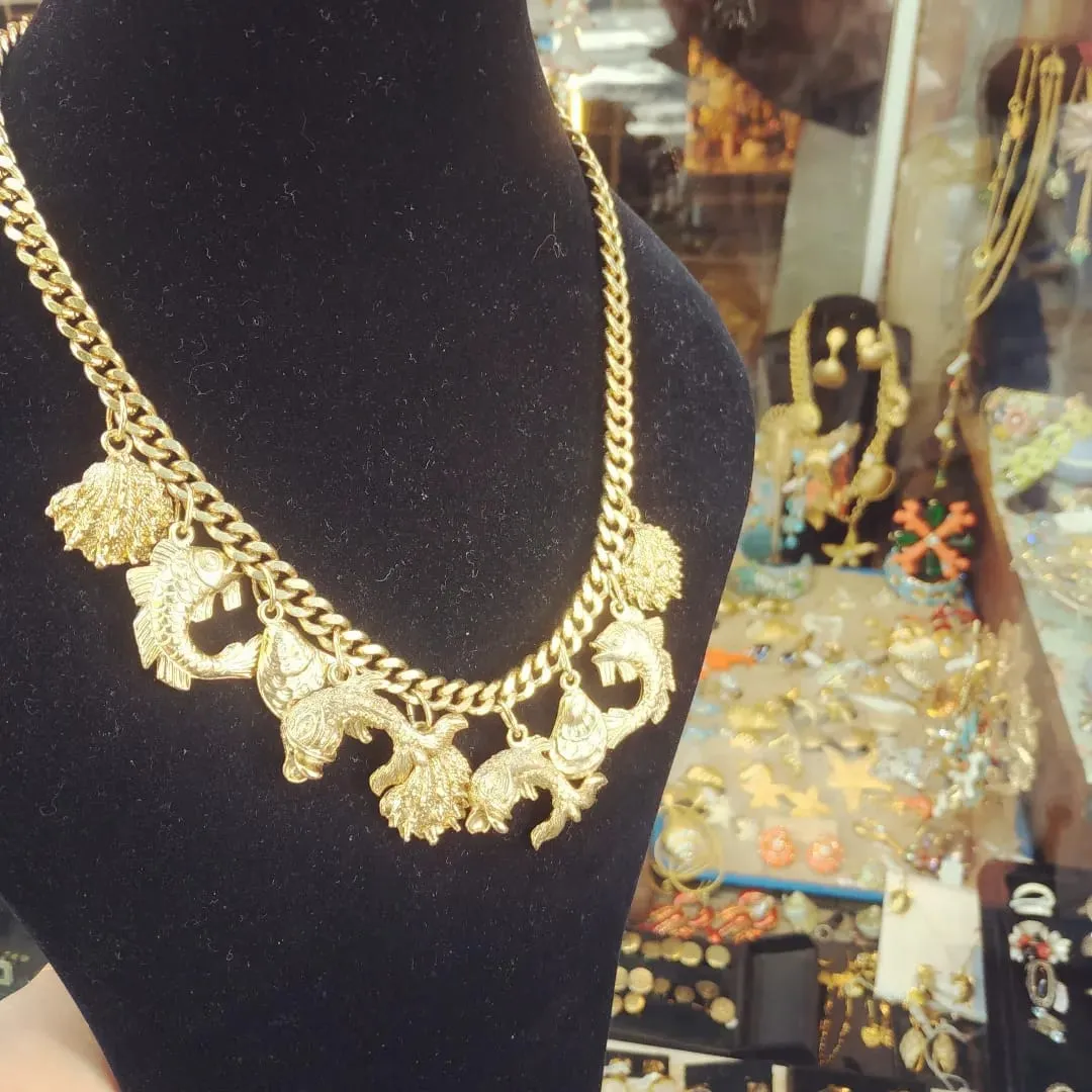 Vintage Ocean life fish gold charm necklace