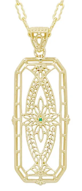 Vintage Style 1930's Deco Filigree Emerald Ichthus Pendant Necklace in Yellow Gold Vermeil Over Sterling Silver