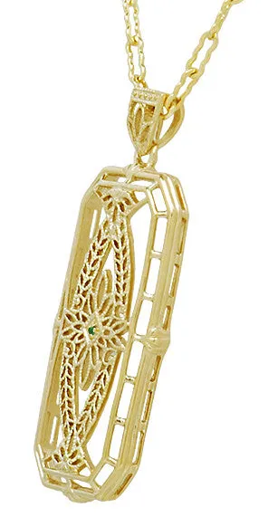 Vintage Style 1930's Deco Filigree Emerald Ichthus Pendant Necklace in Yellow Gold Vermeil Over Sterling Silver