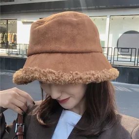 Warm Women Bucket Hat Winter Suede Artificial Fur Thick Warm Plush Female Cap Wool Fleece Fisherman Caps Sunscreen Panama Cap