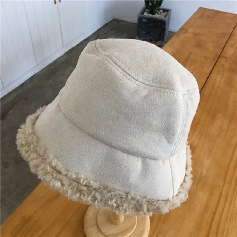 Warm Women Bucket Hat Winter Suede Artificial Fur Thick Warm Plush Female Cap Wool Fleece Fisherman Caps Sunscreen Panama Cap