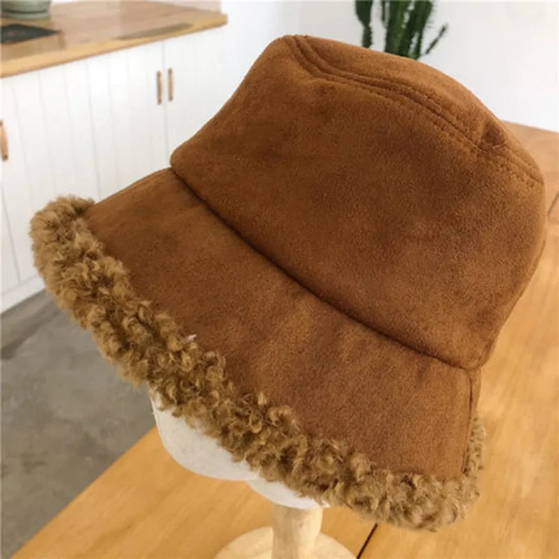 Warm Women Bucket Hat Winter Suede Artificial Fur Thick Warm Plush Female Cap Wool Fleece Fisherman Caps Sunscreen Panama Cap