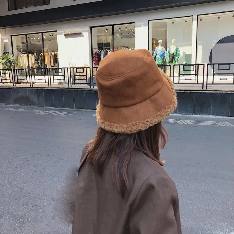 Warm Women Bucket Hat Winter Suede Artificial Fur Thick Warm Plush Female Cap Wool Fleece Fisherman Caps Sunscreen Panama Cap