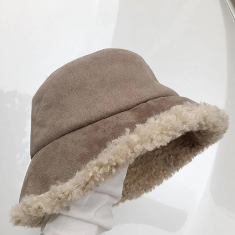 Warm Women Bucket Hat Winter Suede Artificial Fur Thick Warm Plush Female Cap Wool Fleece Fisherman Caps Sunscreen Panama Cap