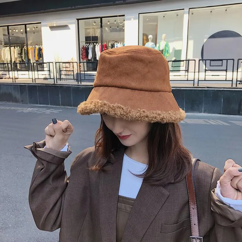 Warm Women Bucket Hat Winter Suede Artificial Fur Thick Warm Plush Female Cap Wool Fleece Fisherman Caps Sunscreen Panama Cap