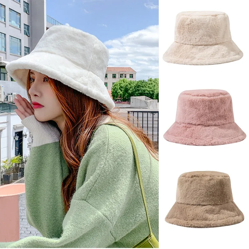 Warm Women Bucket Hat Winter Suede Artificial Fur Thick Warm Plush Female Cap Wool Fleece Fisherman Caps Sunscreen Panama Cap