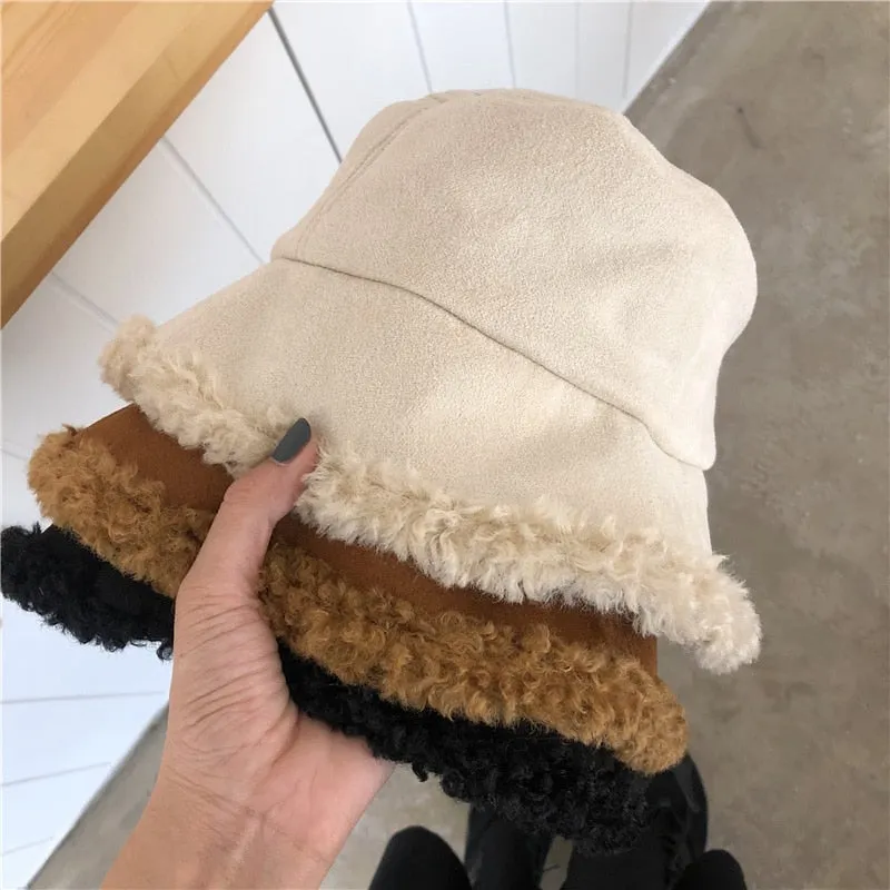 Warm Women Bucket Hat Winter Suede Artificial Fur Thick Warm Plush Female Cap Wool Fleece Fisherman Caps Sunscreen Panama Cap