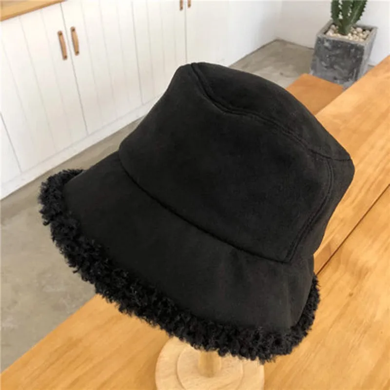 Warm Women Bucket Hat Winter Suede Artificial Fur Thick Warm Plush Female Cap Wool Fleece Fisherman Caps Sunscreen Panama Cap